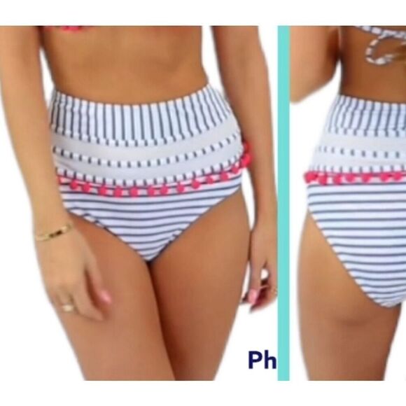 Cocoship navy and white high waisted bikini bottom with pom-poms size 6 - Picture 1 of 4